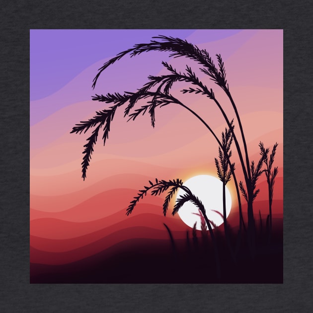 Warm Red Sunrise Silhouetting Wheat Landscape Digital Illustration by AlmightyClaire